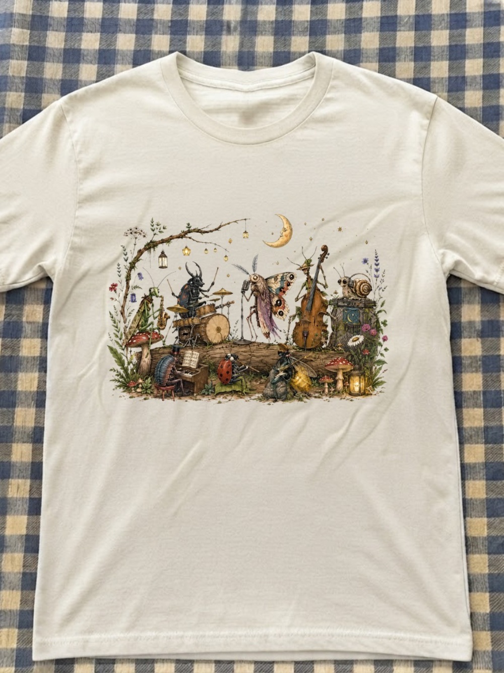 Off White T‑Shirt with Whimsical Insect Band Illustration